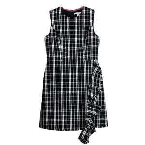 1901 Tweed Boucle Knit Plaid Ruffle Fringe Hem Cocktail Dress Black White Size 6